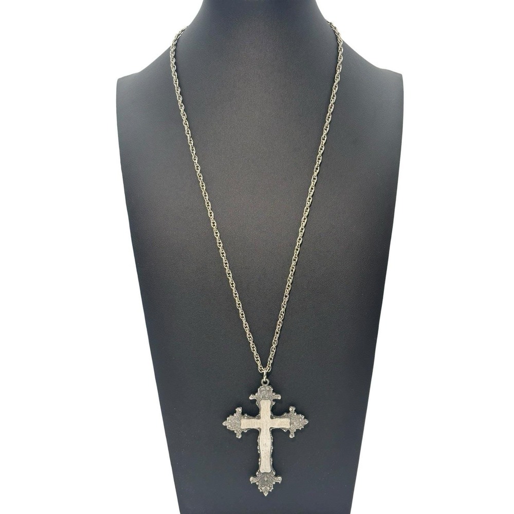 Vintage Pewter Silver Ornate Gothic Filigree Christian Religious Cross Necklace